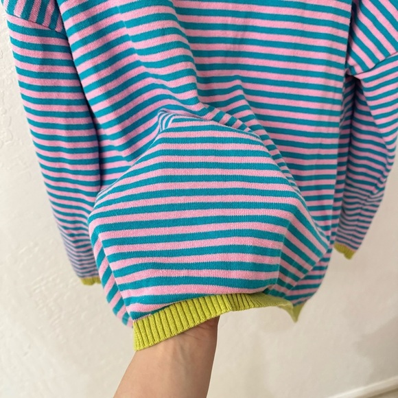 Pink blue green striped pull over loose knit sweater size large cotton - Picture 3 of 5